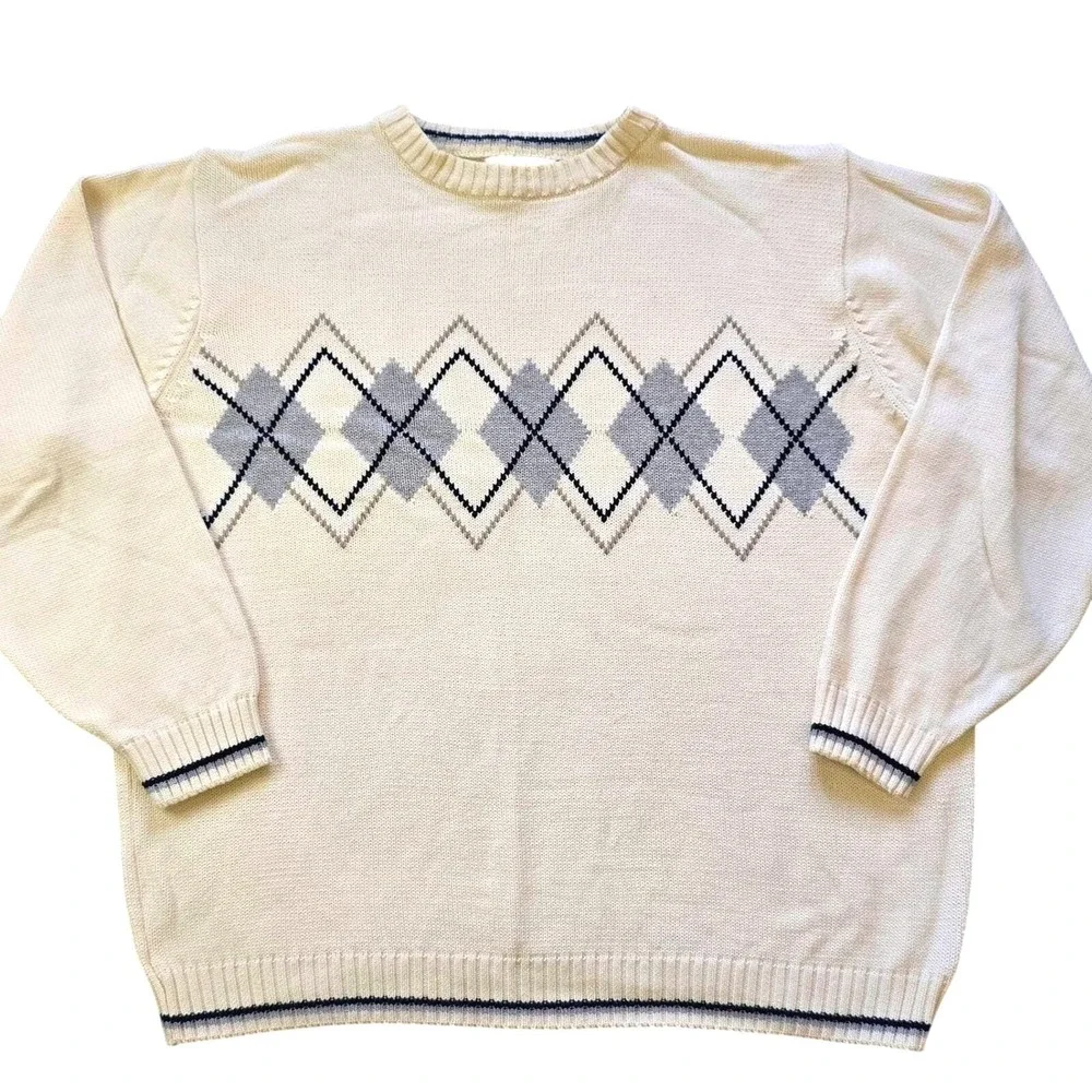 Bill Blass Men's Size XL Argyle Sweater Cream Gray Navy 100% Cotton Vintage